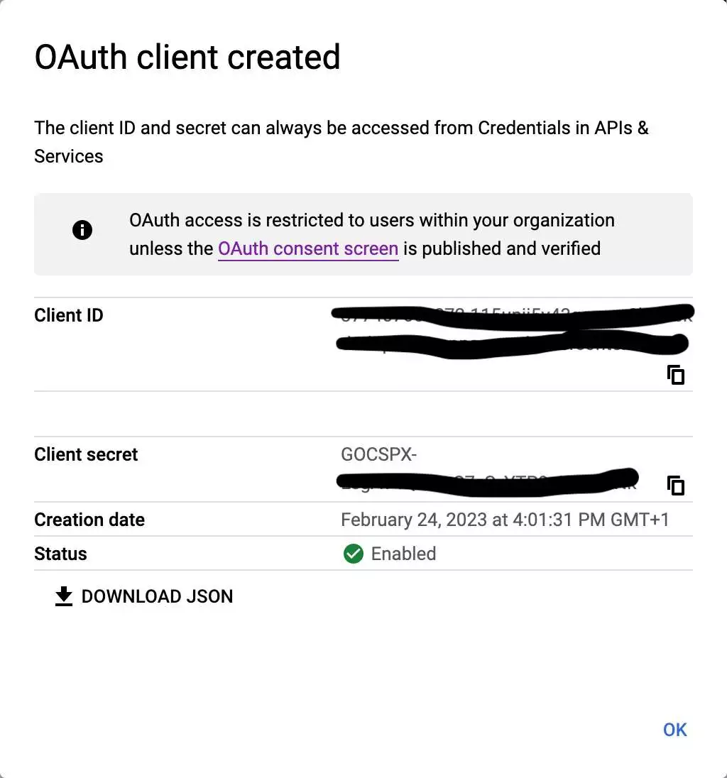Google Cloud - OAuth client created