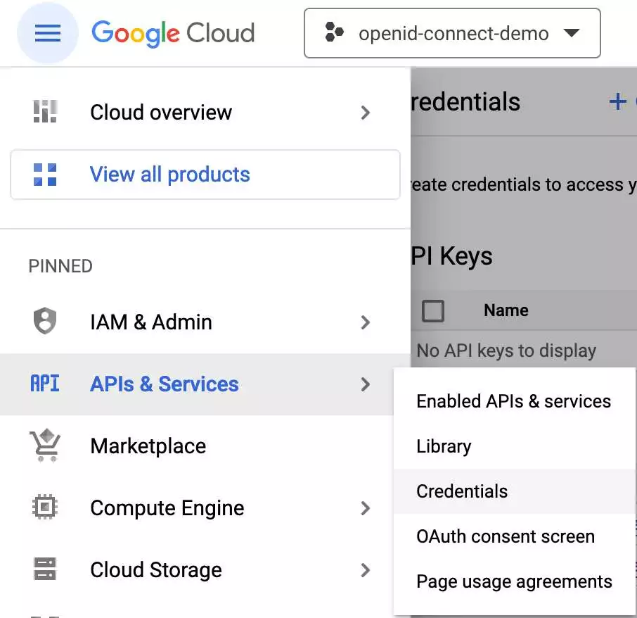 Google Cloud - Credentials menu