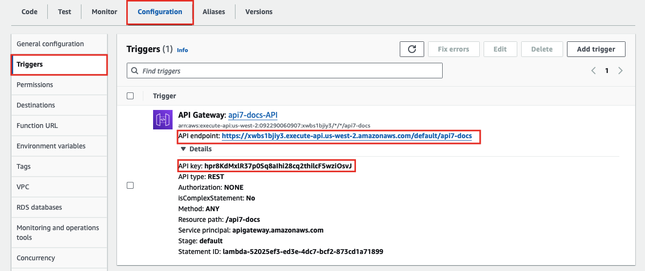 API gateway endpoint and API key