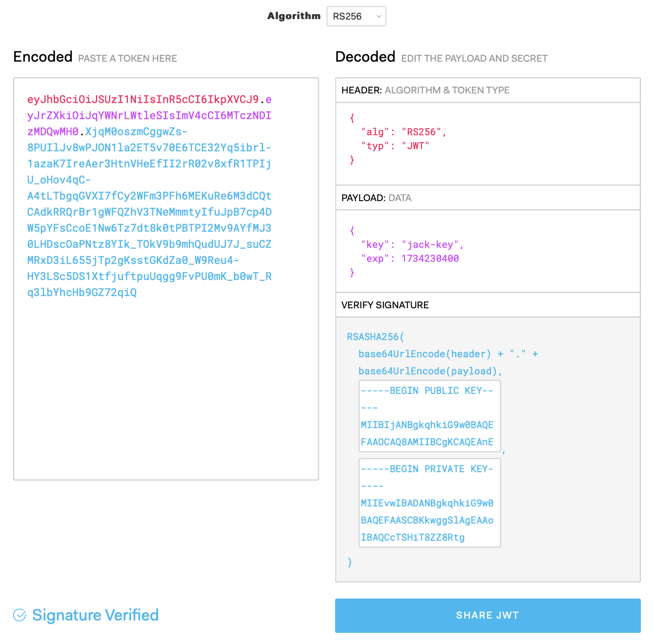 complete configuration of JWT generation on jwt.io