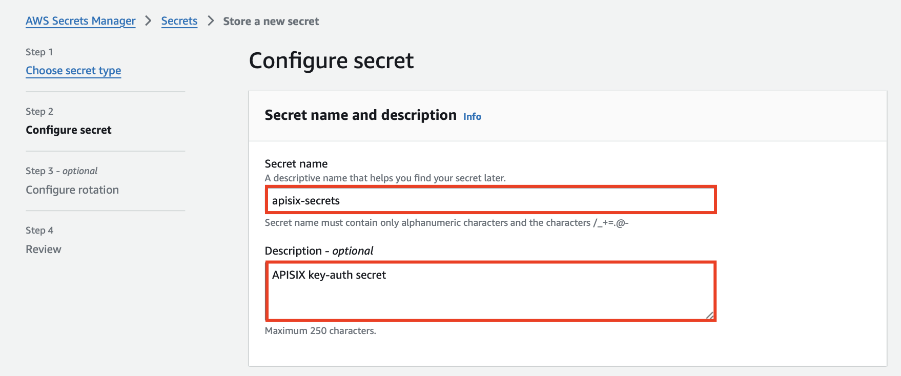 create a secret in AWS step 2