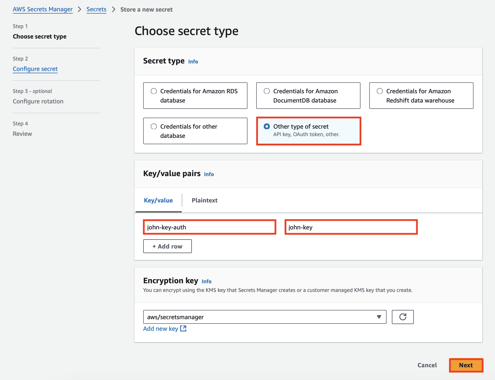 create a secret in AWS step 1