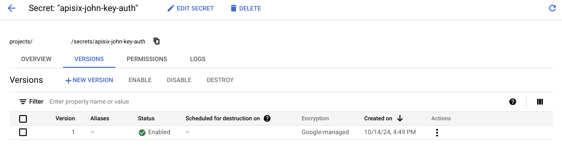 see the secret listed in the GCP secret manager