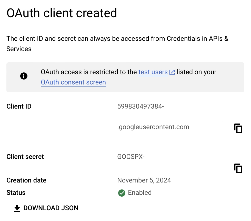 The generated client ID and secret