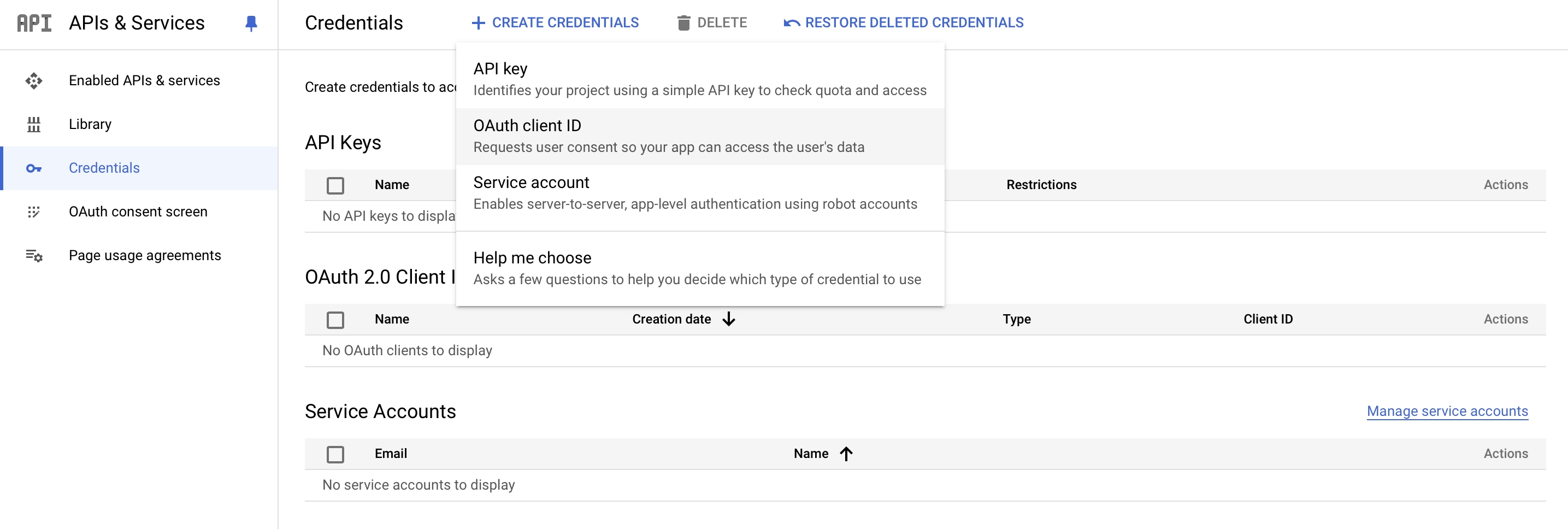 Google OAuth create OAuth client ID