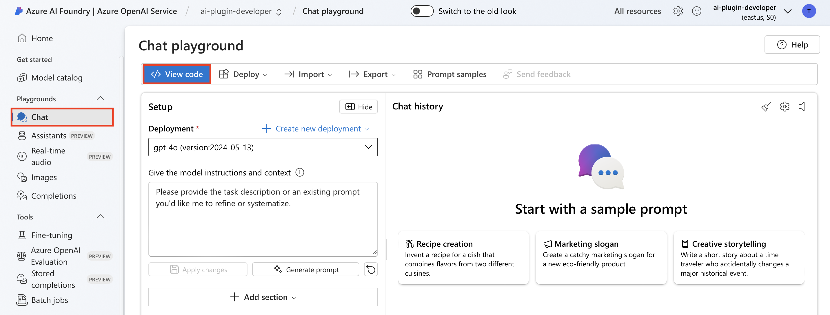 Azure AI Foundry chat view code